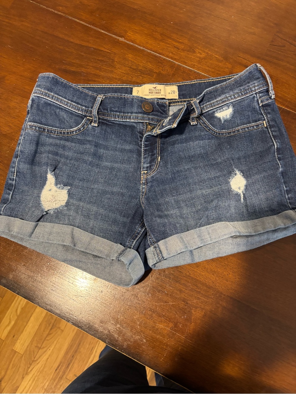 Hollister Midi Short Dark Blue Distressed Cuffed Women's Denim Shorts